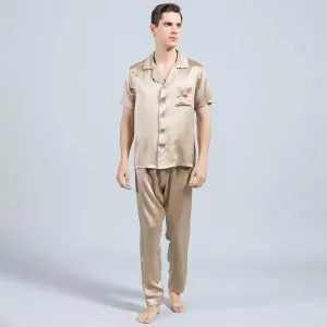 100% Silk Short Sleeve Pajamas Set Short Silk Nightwear Summer For Men