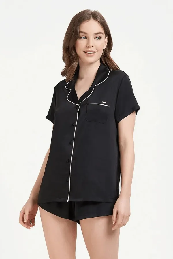 Abigail Shirt & Short PJ Set- Black