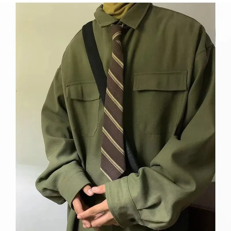 Autumn Green Black Shirt Men Fashion Social Mens Dress Shirt Korean Loose Long Sleeve Shirts Mens Pocket Tooling Shirt M-3XL