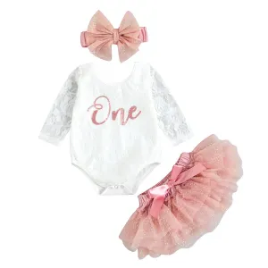Baby Girls First Birthday Outfits Floral Lace Long Sleeve Romper Swiss Dot Skirt Headband Set