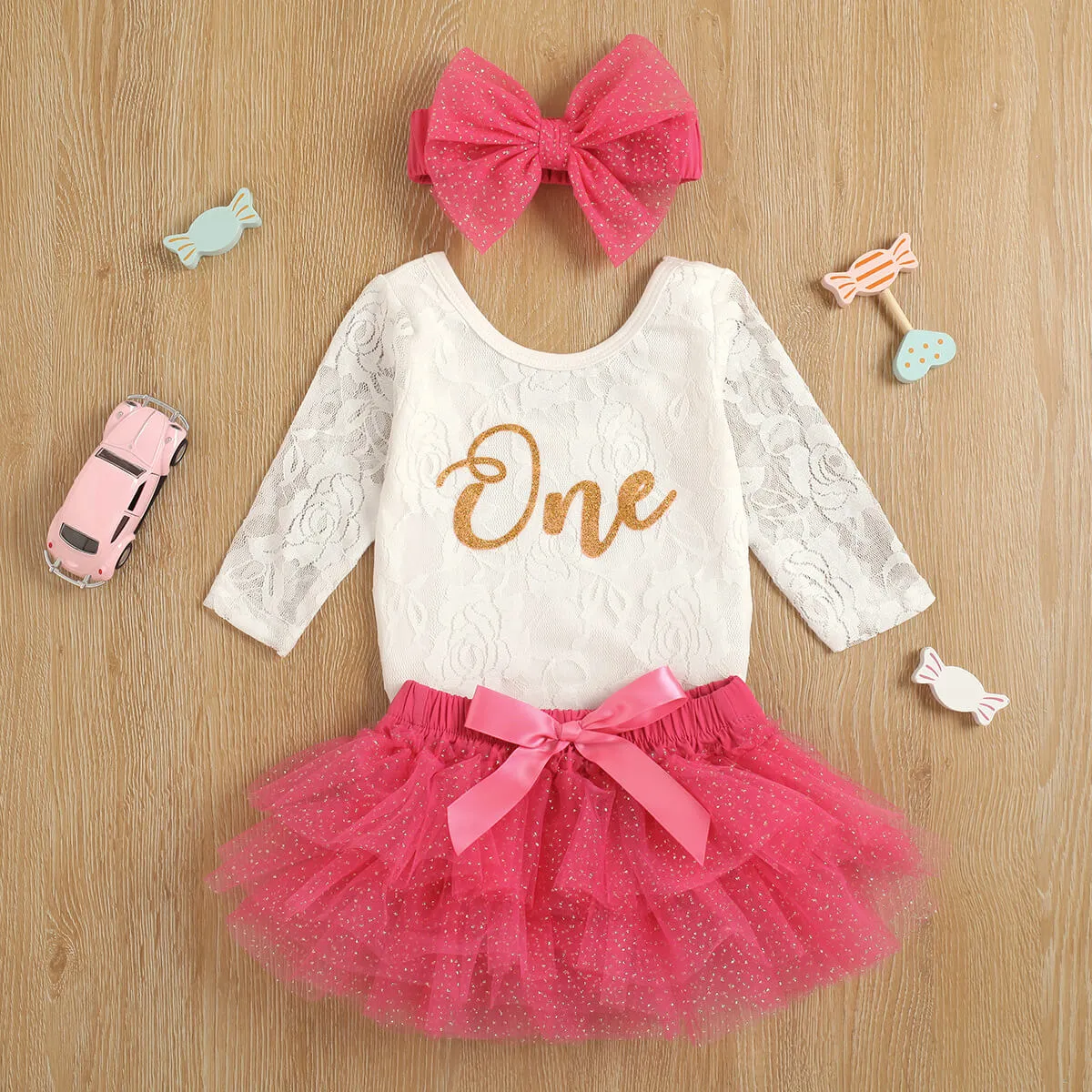 Baby Girls First Birthday Outfits Floral Lace Long Sleeve Romper Swiss Dot Skirt Headband Set