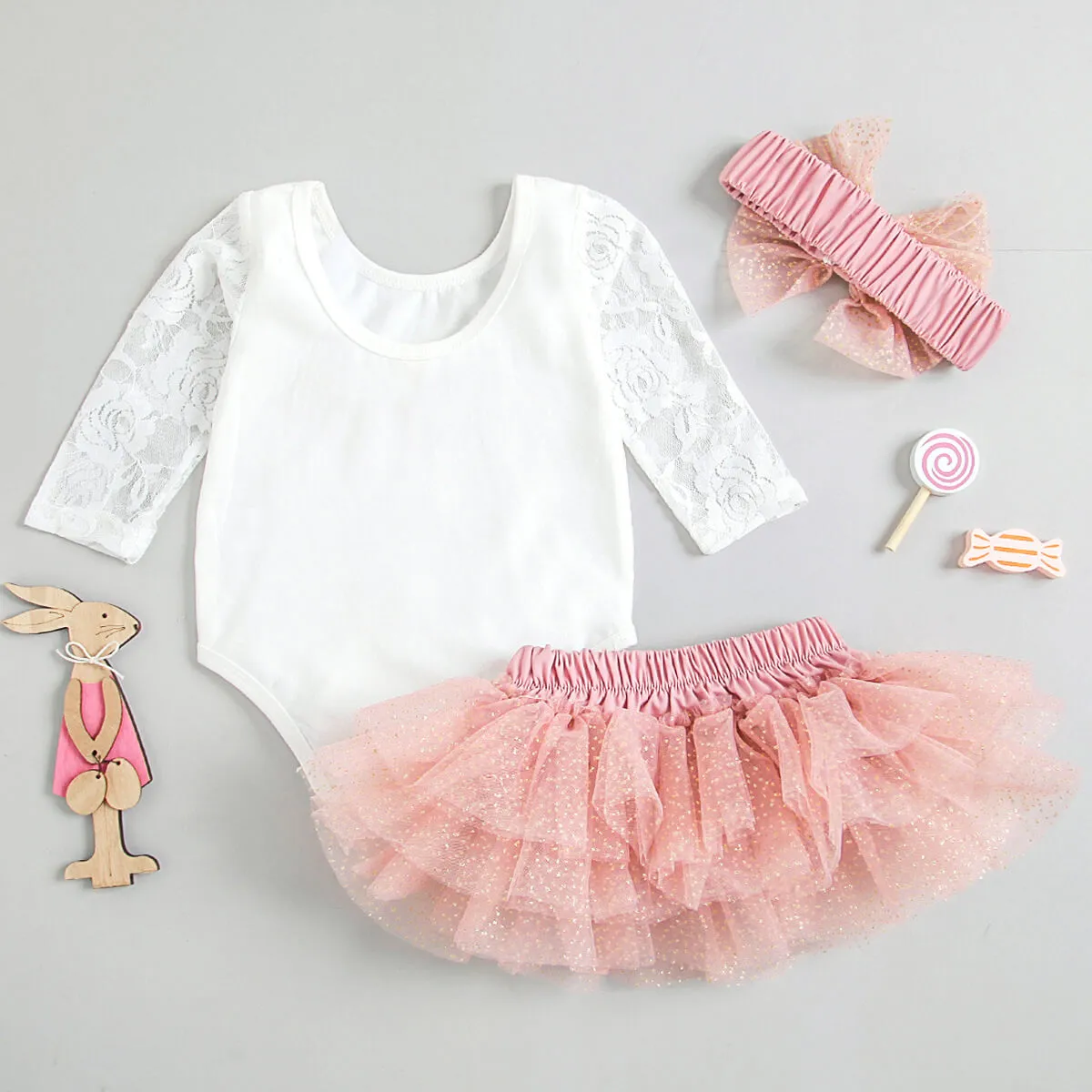 Baby Girls First Birthday Outfits Floral Lace Long Sleeve Romper Swiss Dot Skirt Headband Set