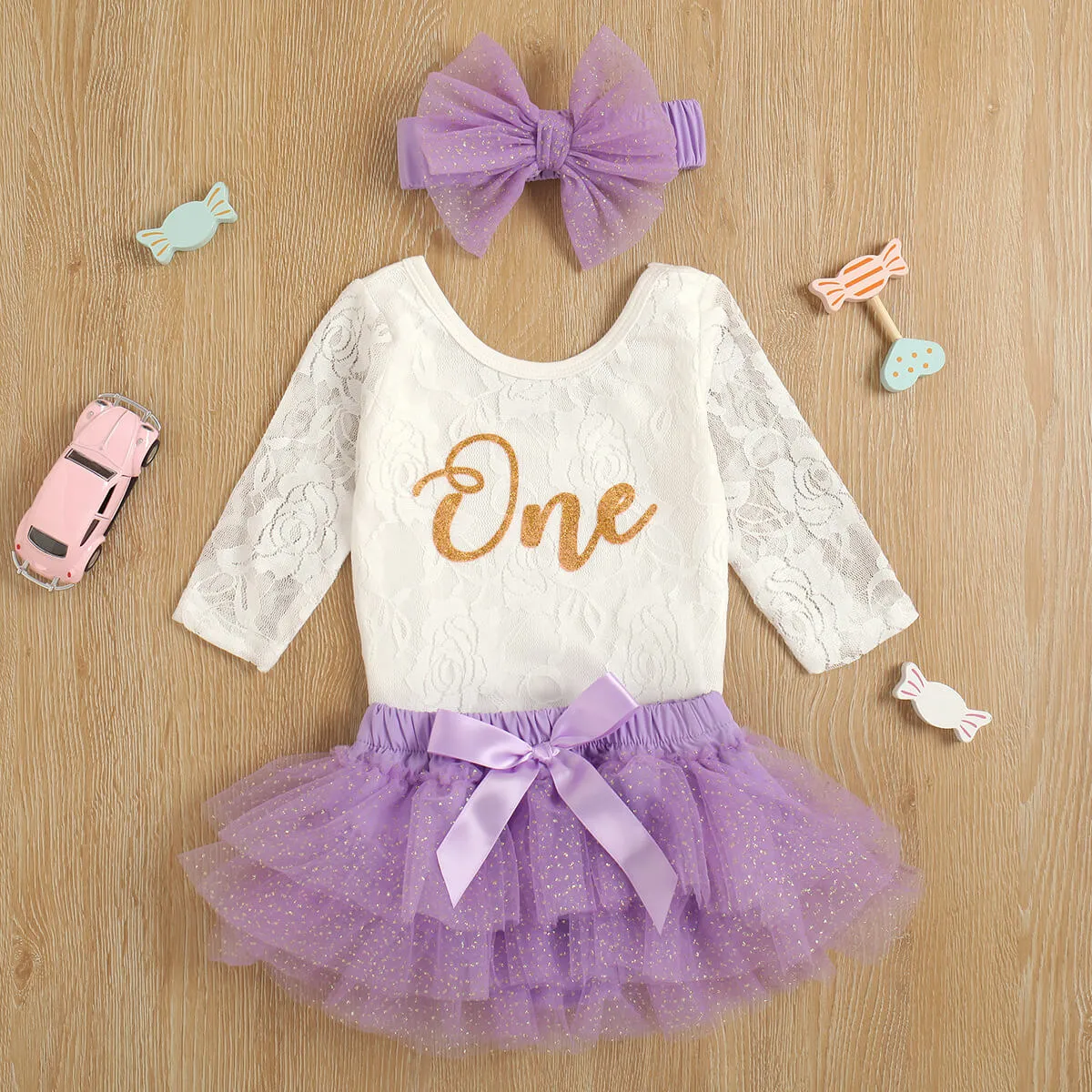 Baby Girls First Birthday Outfits Floral Lace Long Sleeve Romper Swiss Dot Skirt Headband Set