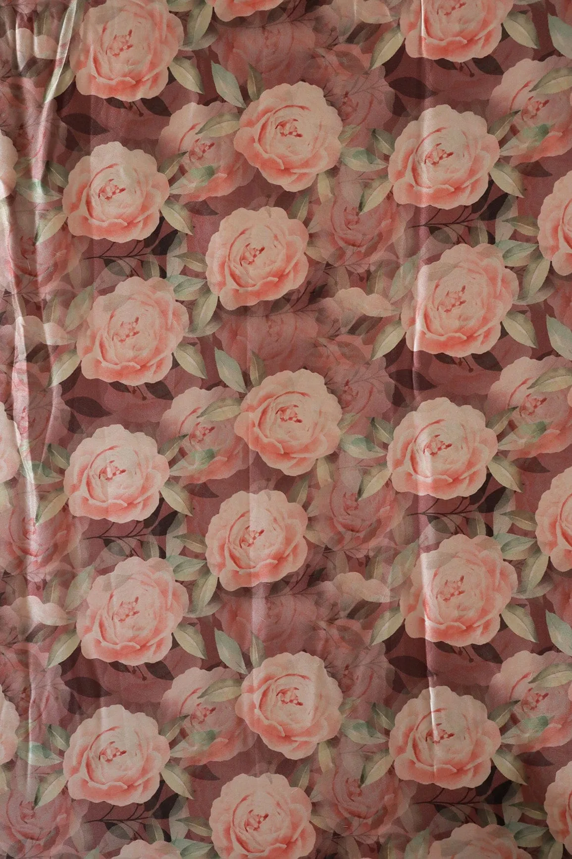 Beautiful Peach Floral Pattern Digital Print On Brown Satin Fabric
