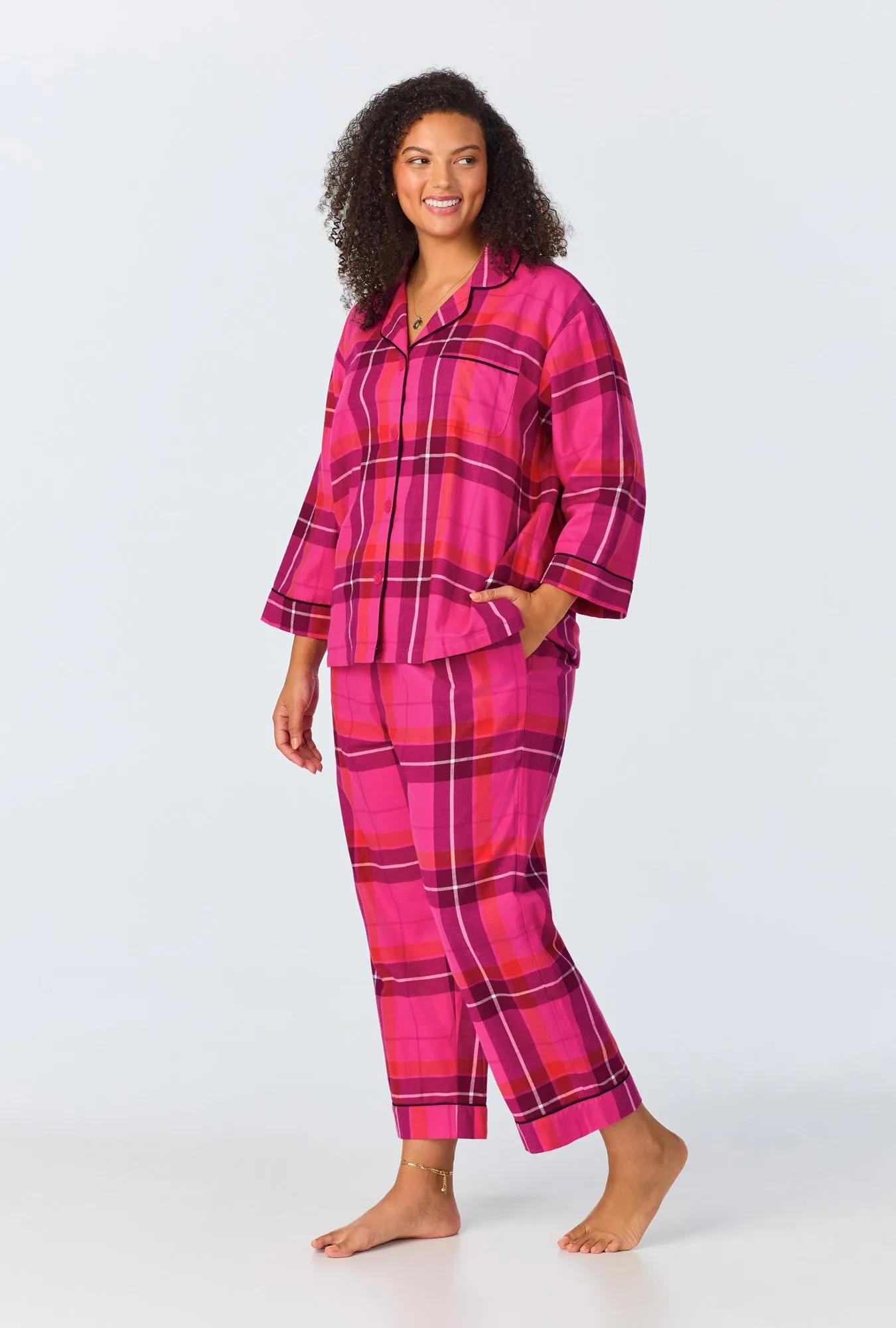 BedHead x Trina Turk Aurora Plaid 3/4 Sleeve Classic Woven Portuguese Flannel Cropped PJ Set