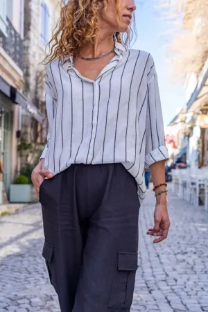 Black and White Striped Loose Long Sleeved Vintage Woman Blouse,Women Top,Casual Top,Designer Women Top,Cotton clothing,Boho Blouse