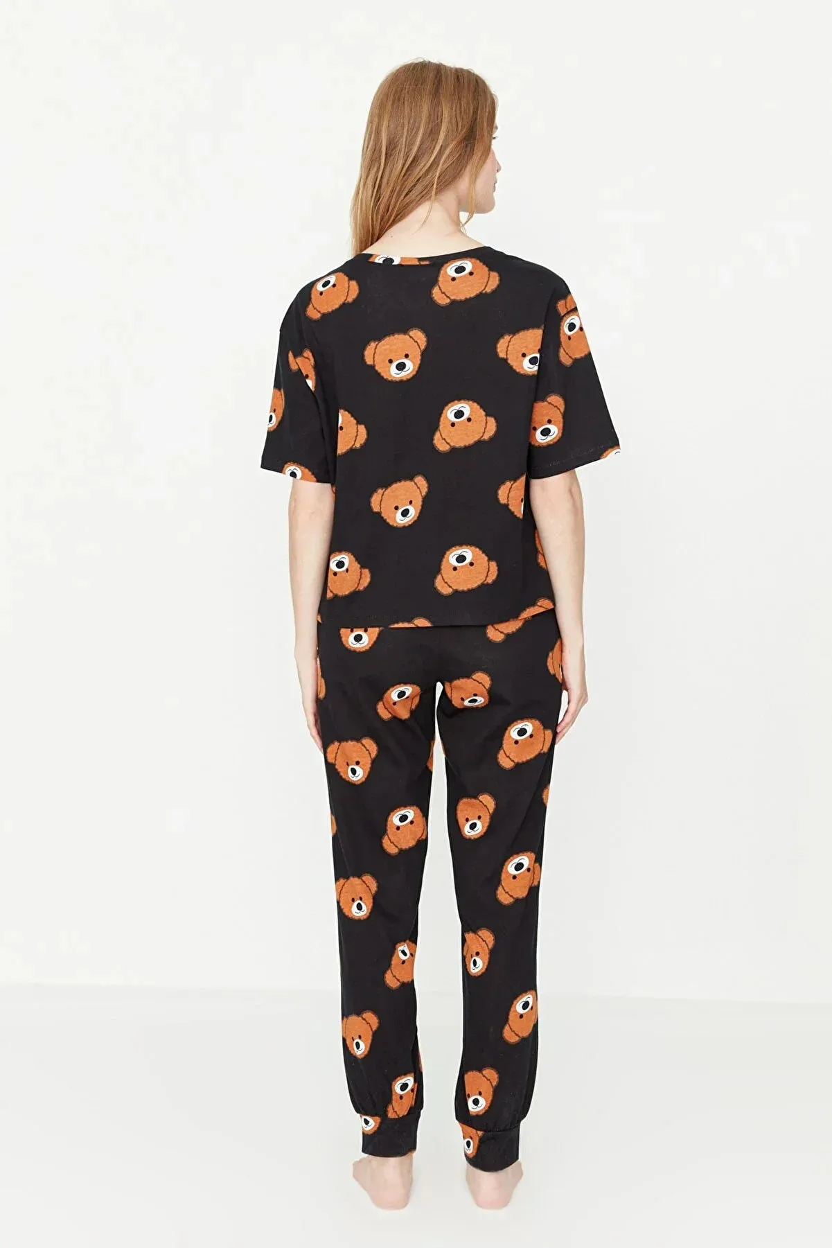 Black Teddy Bear Printed Cotton T-shirt-Pants Knitted Pajamas Set