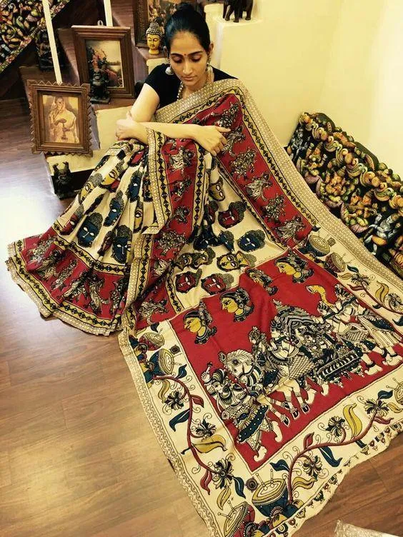 Blooming Red and Beige colored Kalamkari Linen Designer Saree