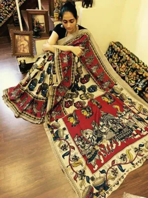 Blooming Red and Beige colored Kalamkari Linen Designer Saree