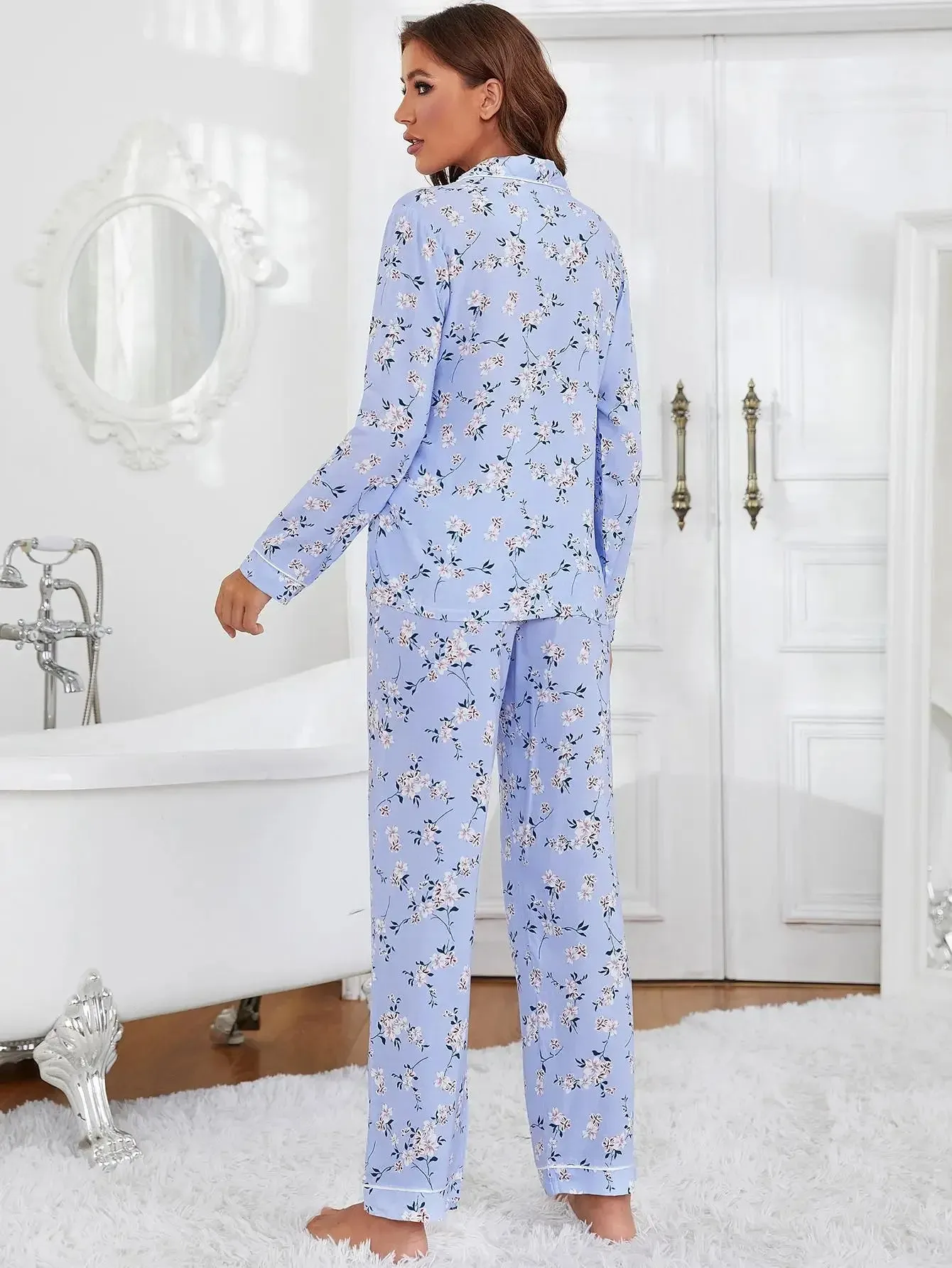 Blue Blossom Full-Length PJ’s Set – Floral Print