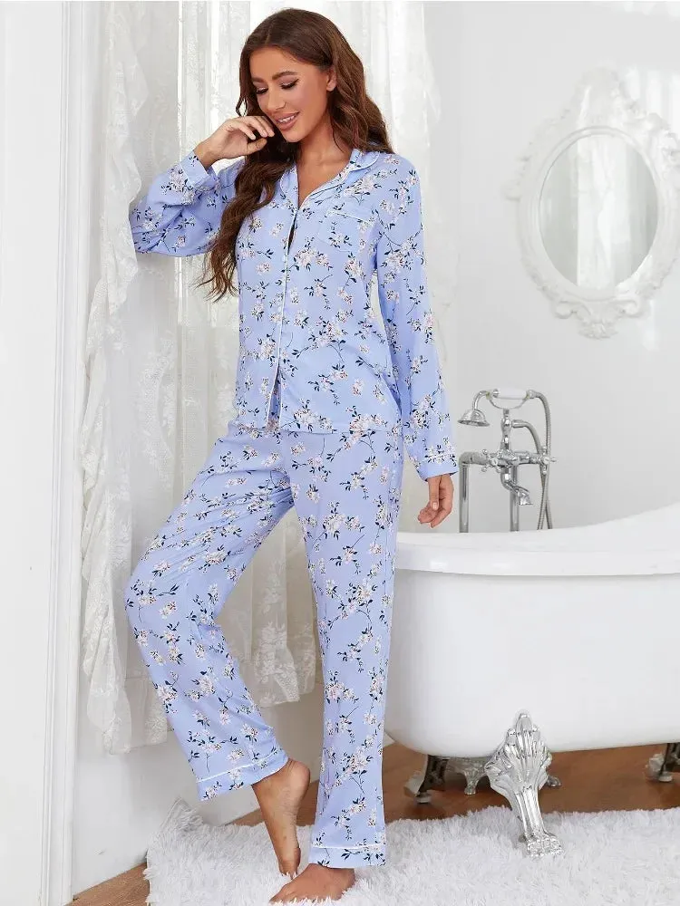 Blue Blossom Full-Length PJ’s Set – Floral Print