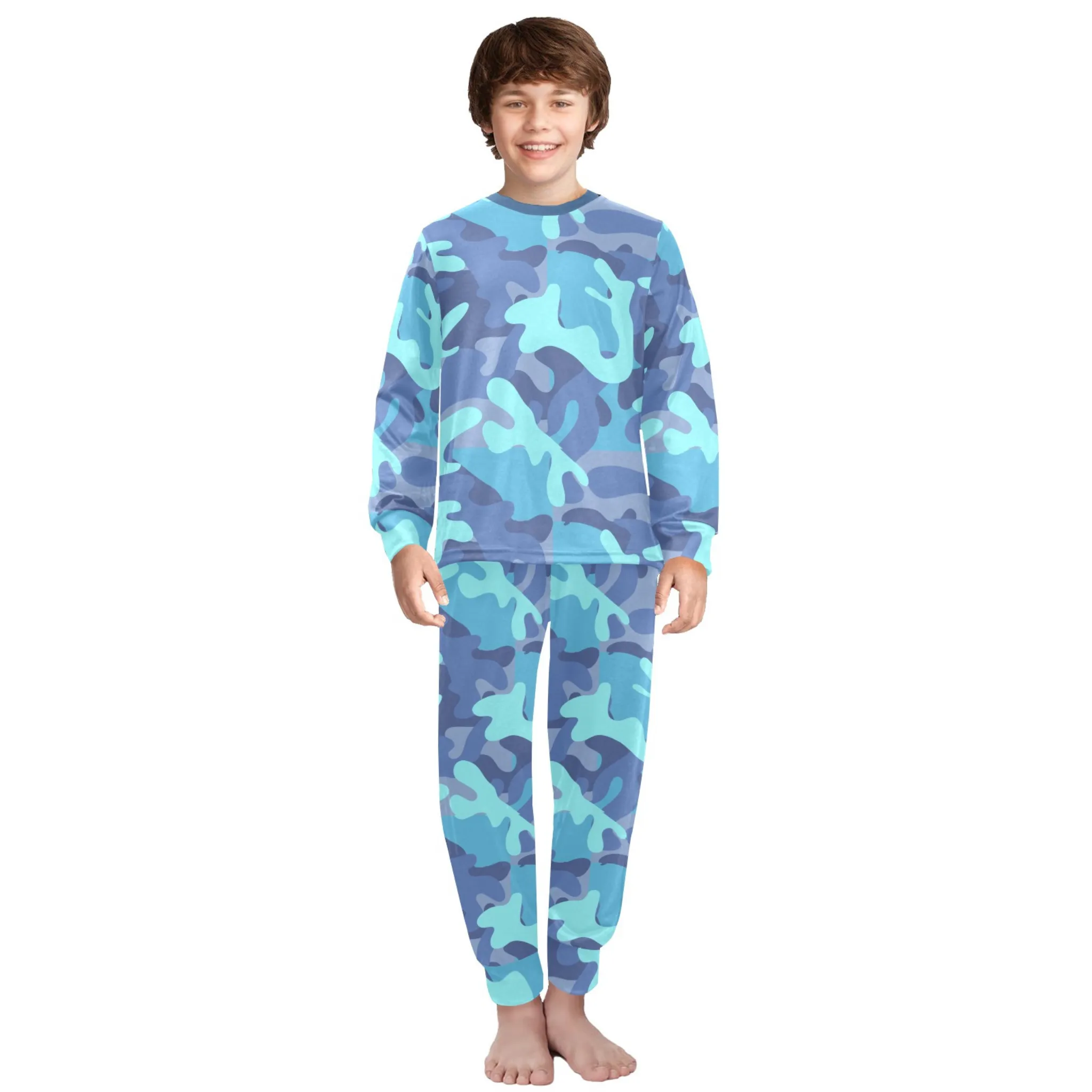 Blue Camo Boys' Pajama Set |  | Crew Neck Long Pajama Set | Soft Long Sleeve Sleepwear for Lounging and Relaxing