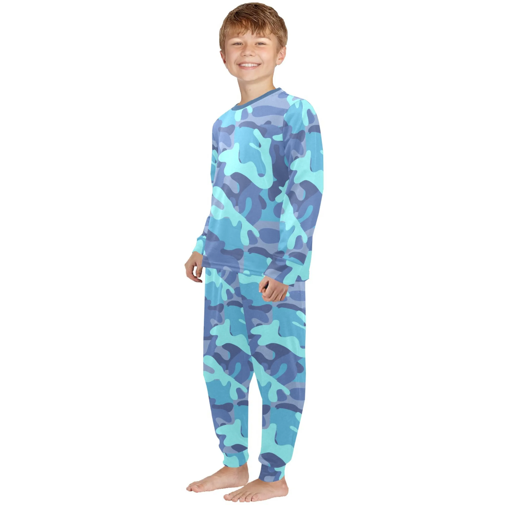 Blue Camo Boys' Pajama Set |  | Crew Neck Long Pajama Set | Soft Long Sleeve Sleepwear for Lounging and Relaxing