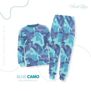 Blue Camo Boys' Pajama Set |  | Crew Neck Long Pajama Set | Soft Long Sleeve Sleepwear for Lounging and Relaxing