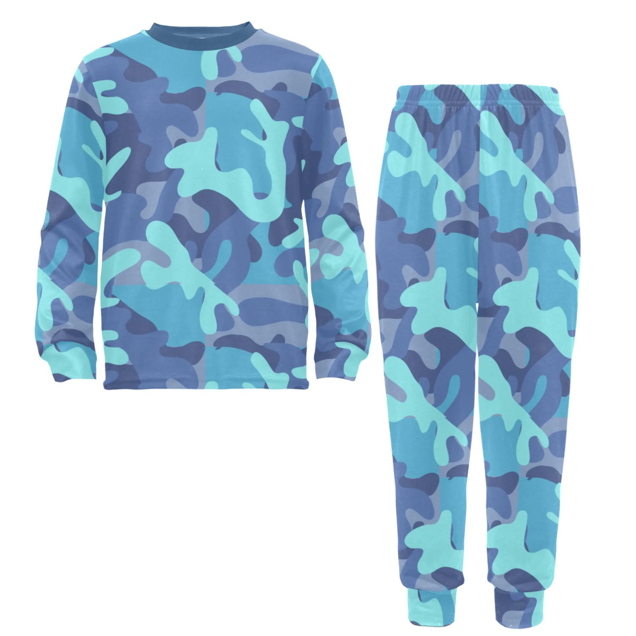 Blue Camo Boys' Pajama Set |  | Crew Neck Long Pajama Set | Soft Long Sleeve Sleepwear for Lounging and Relaxing