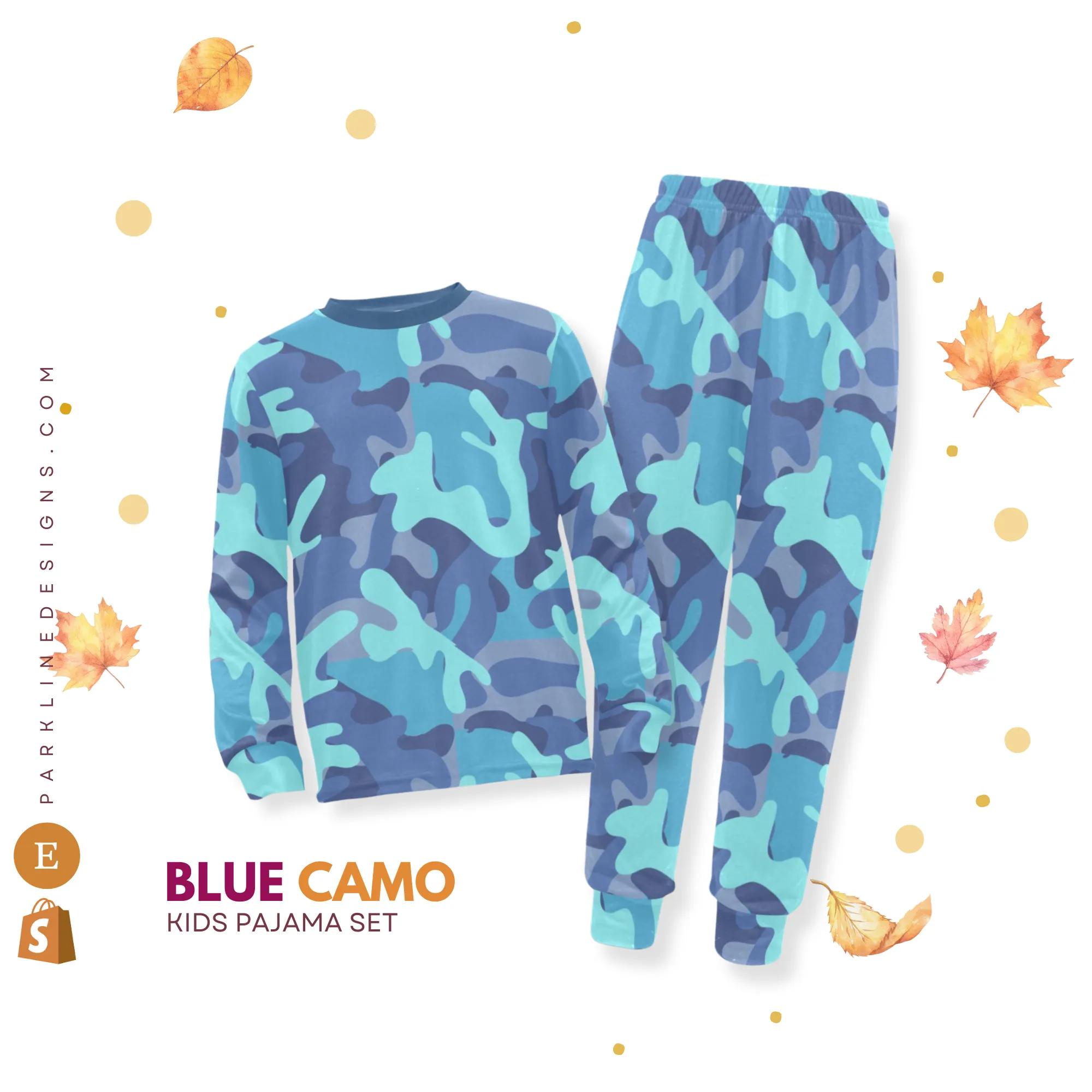 Blue Camo Boys' Pajama Set |  | Crew Neck Long Pajama Set | Soft Long Sleeve Sleepwear for Lounging and Relaxing