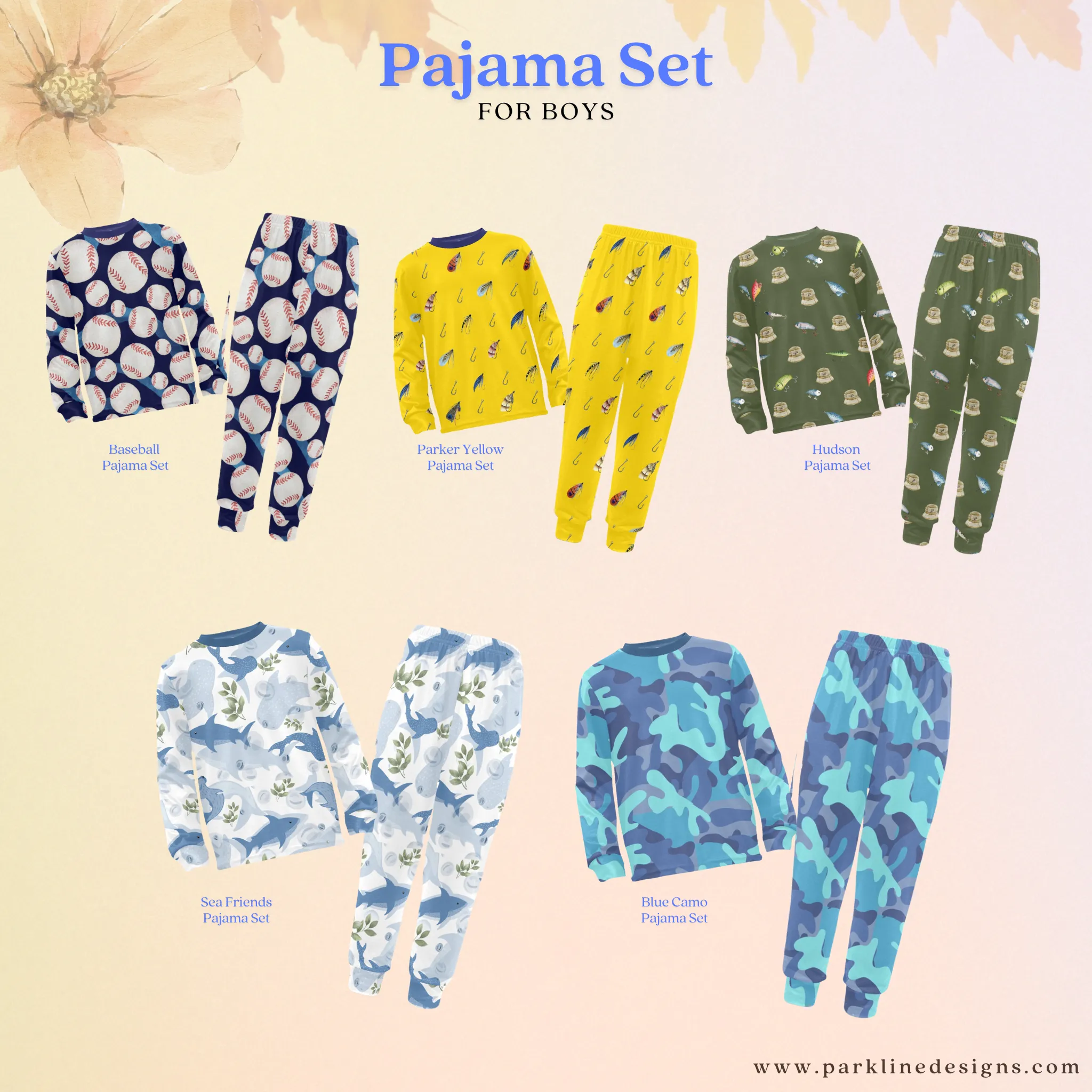 Blue Camo Boys' Pajama Set |  | Crew Neck Long Pajama Set | Soft Long Sleeve Sleepwear for Lounging and Relaxing
