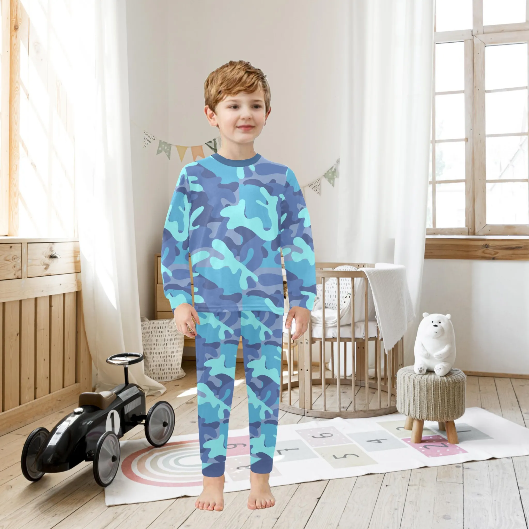 Blue Camo Boys' Pajama Set |  | Crew Neck Long Pajama Set | Soft Long Sleeve Sleepwear for Lounging and Relaxing