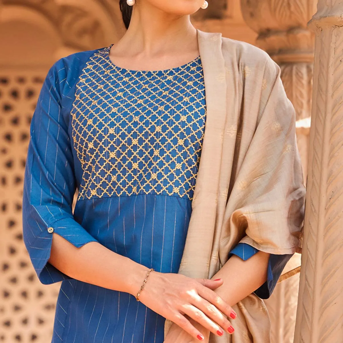 Blue Embroidered Pure Cotton Kurti Pant Set With Dupatta