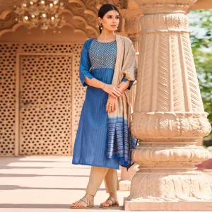 Blue Embroidered Pure Cotton Kurti Pant Set With Dupatta