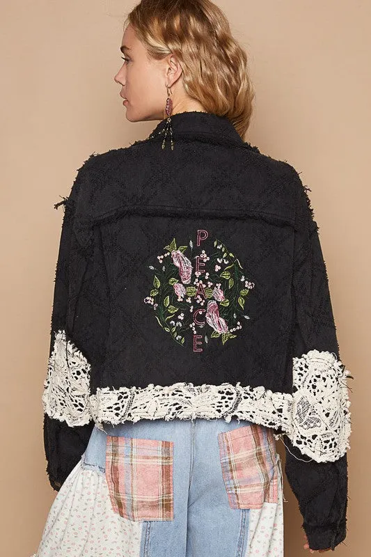 Blue Zone Planet |  POL Crochet Patch Embroidered Button Up Jacket