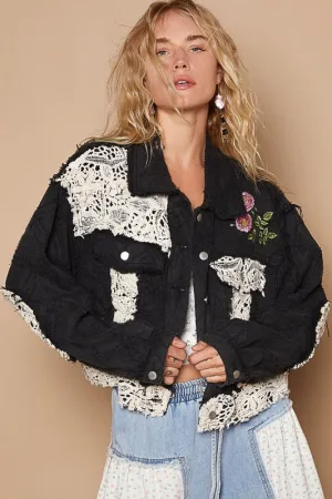 Blue Zone Planet |  POL Crochet Patch Embroidered Button Up Jacket