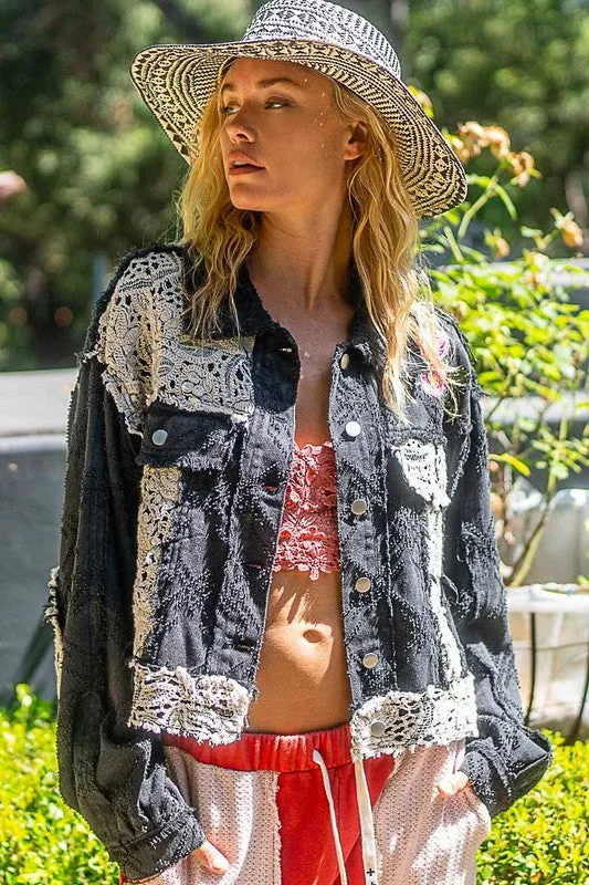 Blue Zone Planet |  POL Crochet Patch Embroidered Button Up Jacket