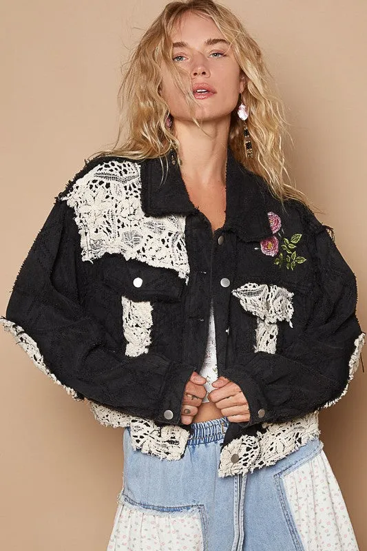Blue Zone Planet |  POL Crochet Patch Embroidered Button Up Jacket