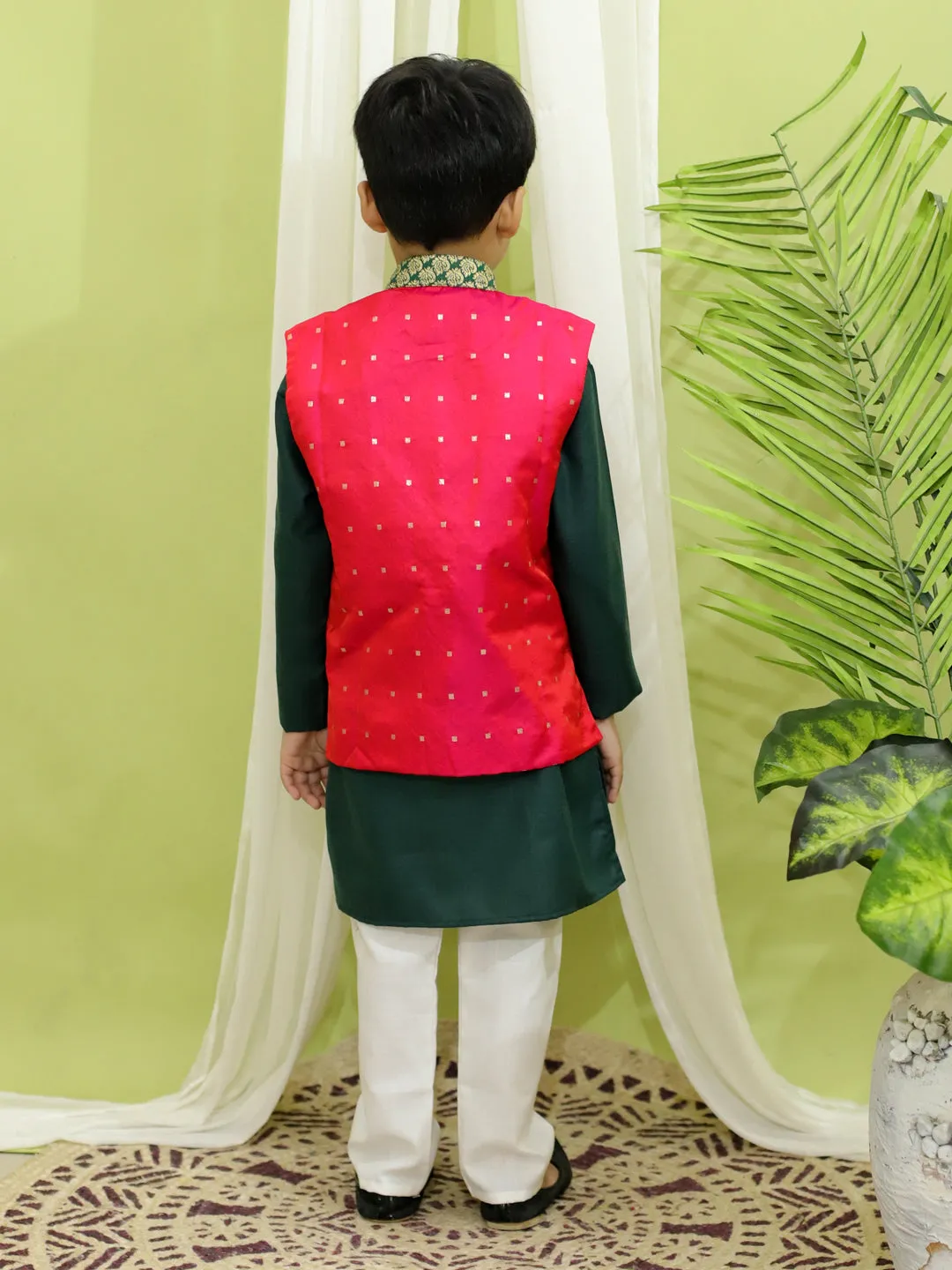 BownBee Silk Jacket with Cotton Kurta Pajama for Boys - Pink