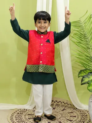 BownBee Silk Jacket with Cotton Kurta Pajama for Boys - Pink