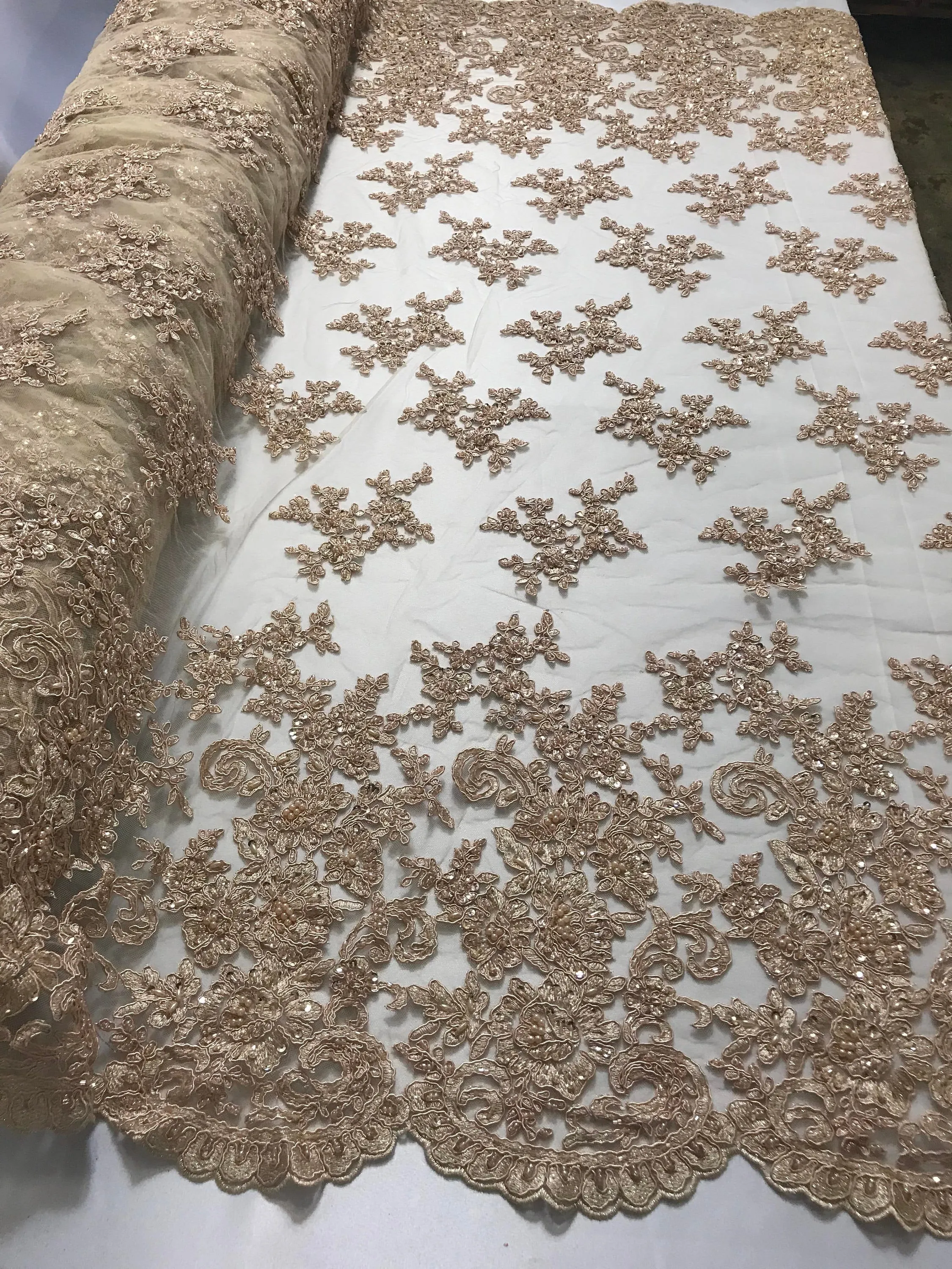 Champagne fashion floral design embroider with sequins and hand beaded on a mesh lace-dresses-fashion-decorations-prom-sold by yard.