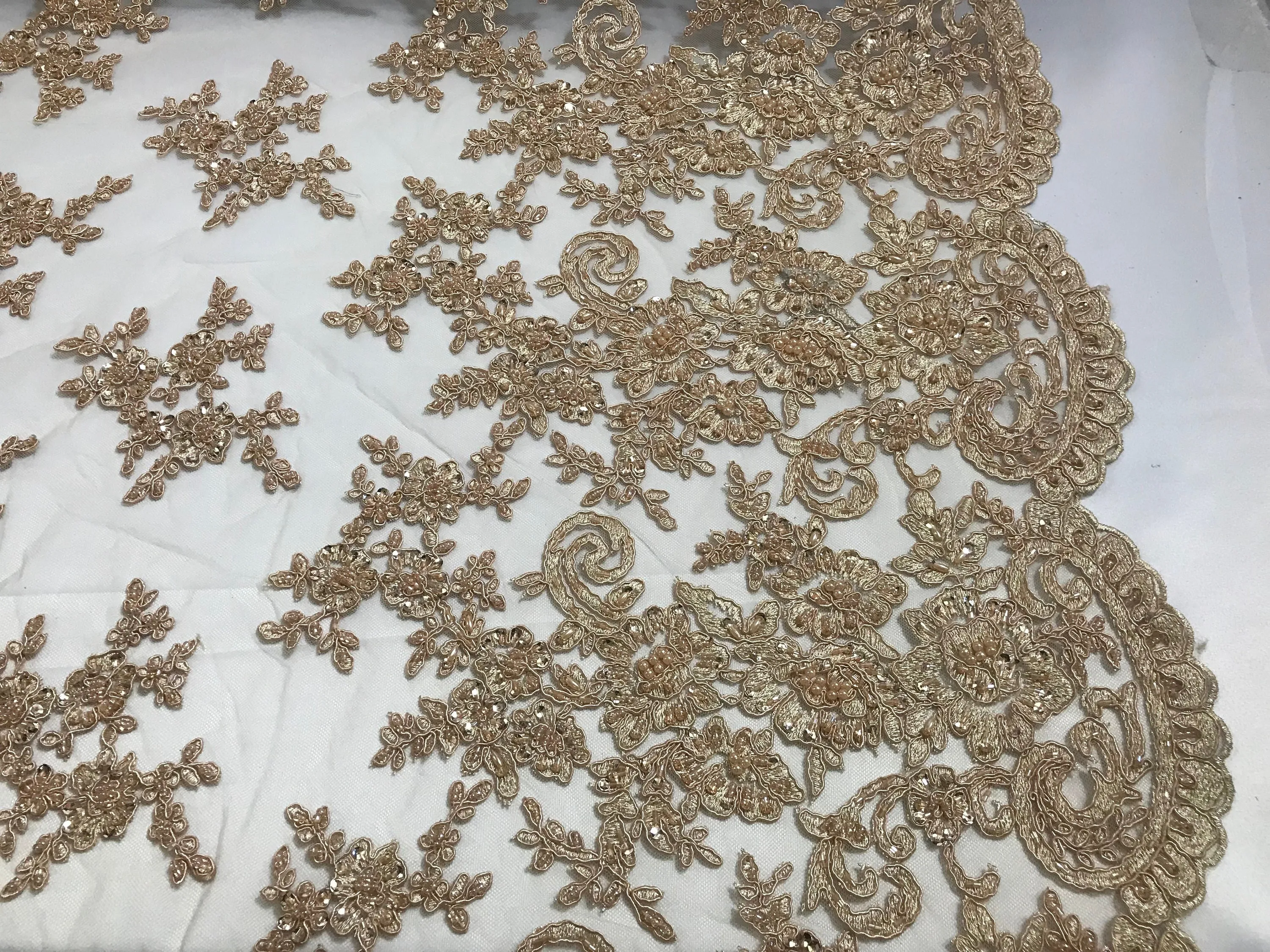 Champagne fashion floral design embroider with sequins and hand beaded on a mesh lace-dresses-fashion-decorations-prom-sold by yard.