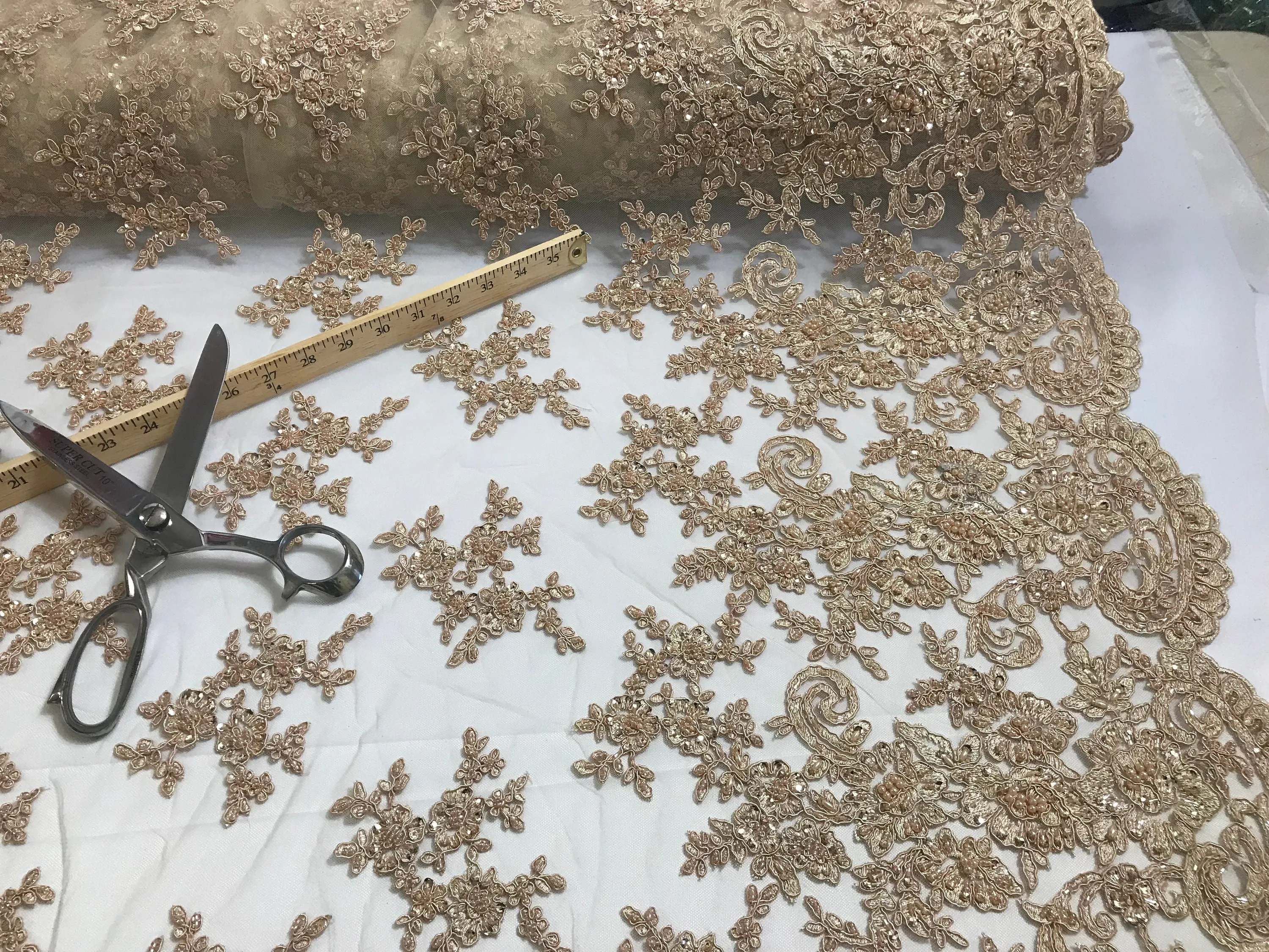Champagne fashion floral design embroider with sequins and hand beaded on a mesh lace-dresses-fashion-decorations-prom-sold by yard.