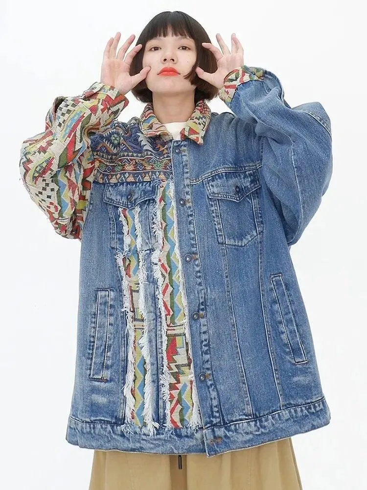 Chic Ethnic-Inspired Embroidered Denim Jacket with Distinctive Burrs Detailing