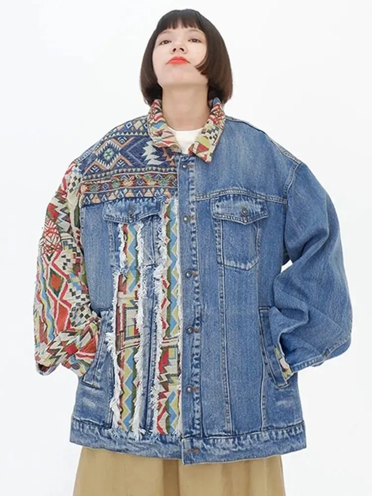 Chic Ethnic-Inspired Embroidered Denim Jacket with Distinctive Burrs Detailing