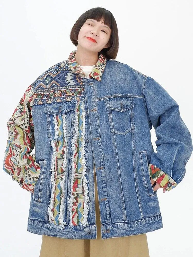 Chic Ethnic-Inspired Embroidered Denim Jacket with Distinctive Burrs Detailing