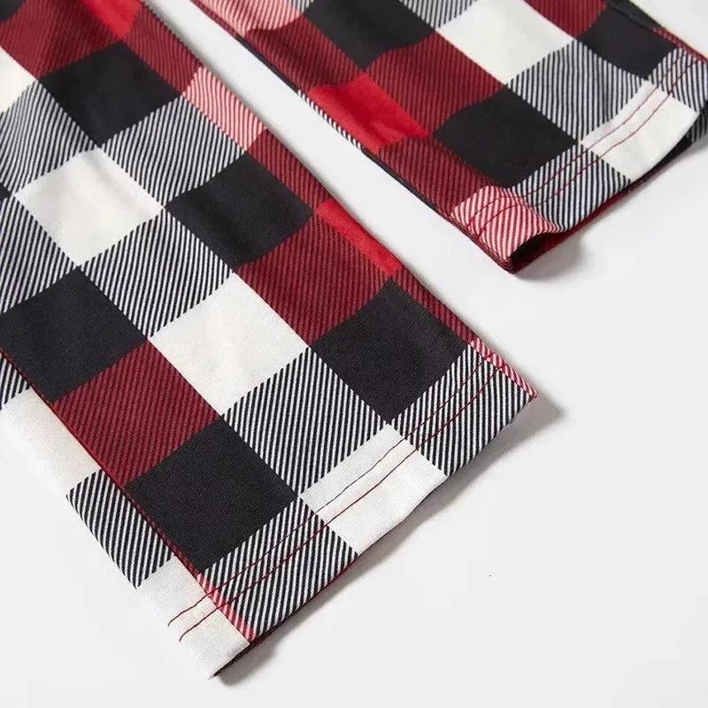 Christmas Cartoon Face and Text Prints Red & Black & Grey & White Plaid Family Matching Pajamas