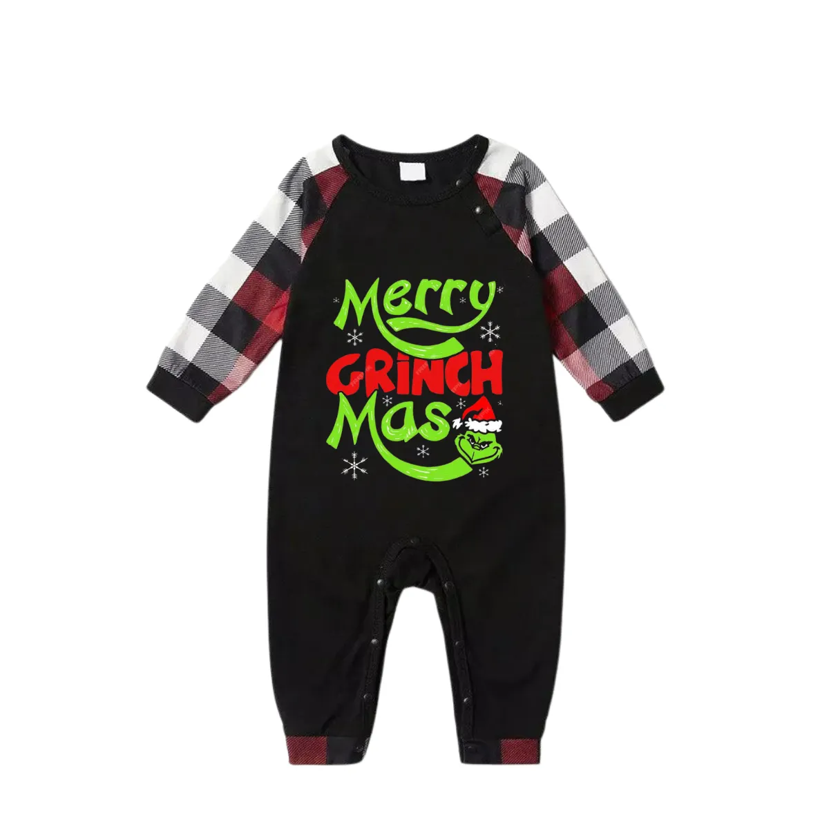 Christmas Cartoon Face and Text Prints Red & Black & Grey & White Plaid Family Matching Pajamas