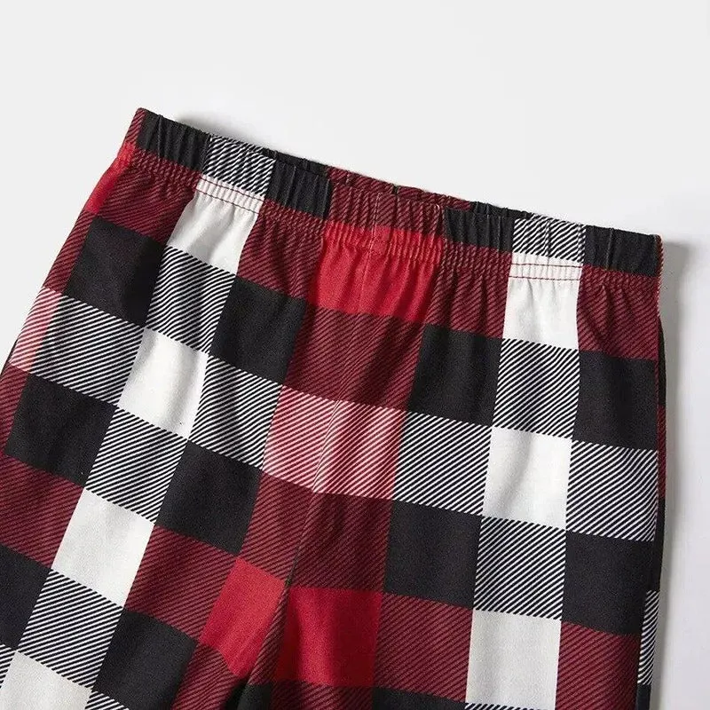 Christmas Cartoon Face and Text Prints Red & Black & Grey & White Plaid Family Matching Pajamas