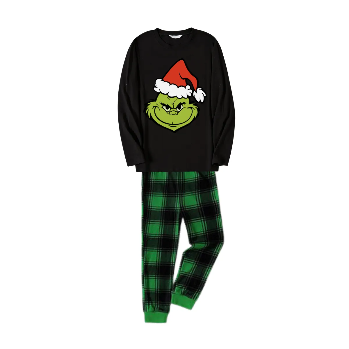 Christmas Cartoon Pattern Print Black Long Sleeve Top with Green and Black Plaid Family Matching Pajamas 2024