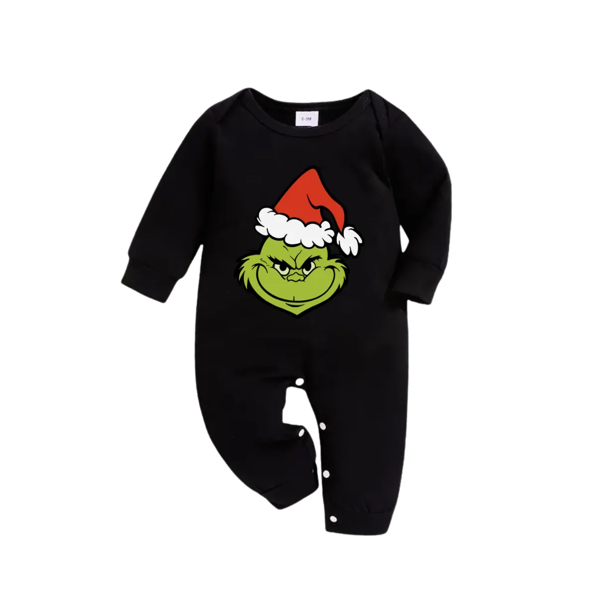 Christmas Cartoon Pattern Print Black Long Sleeve Top with Green and Black Plaid Family Matching Pajamas 2024