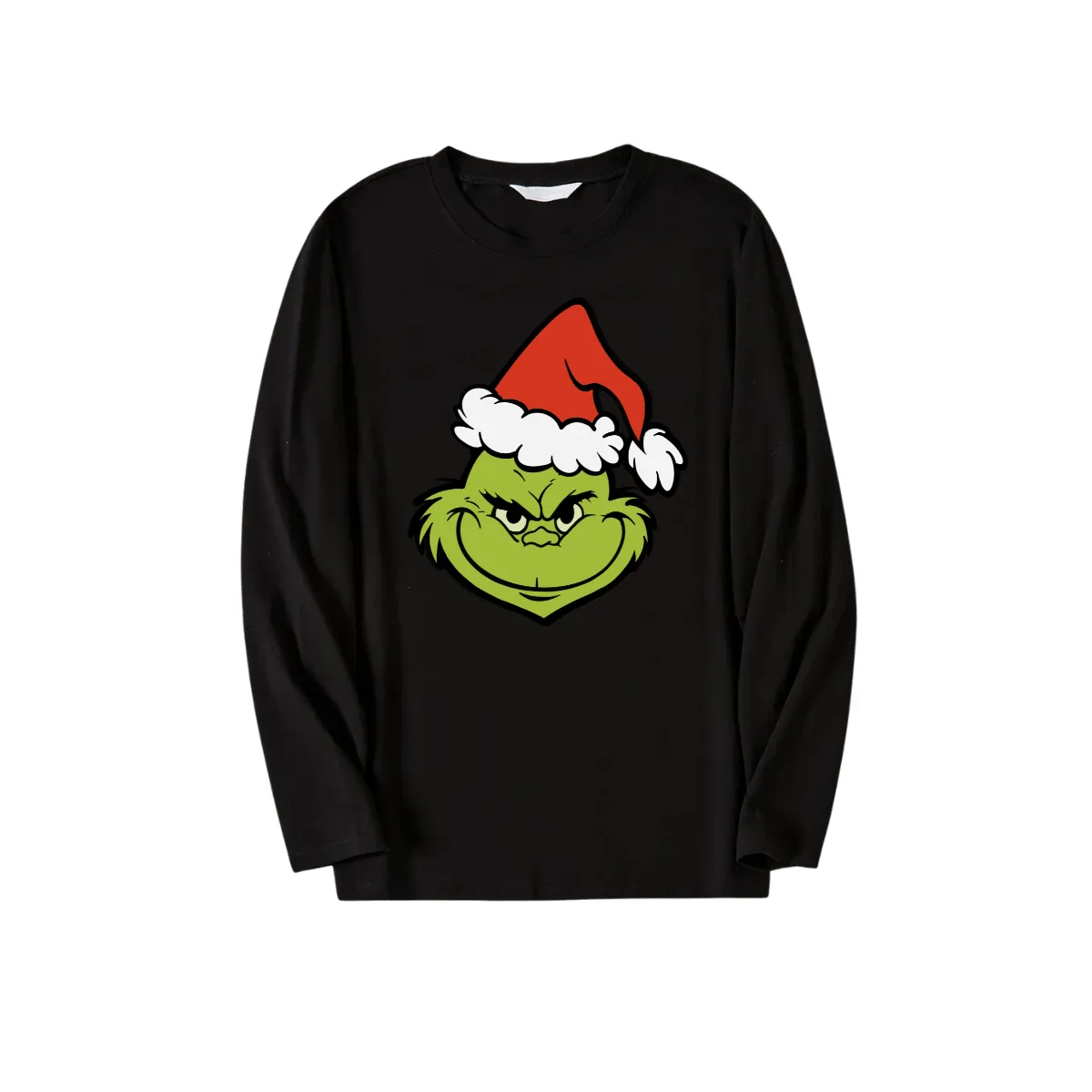Christmas Cartoon Pattern Print Black Long Sleeve Top with Green and Black Plaid Family Matching Pajamas 2024