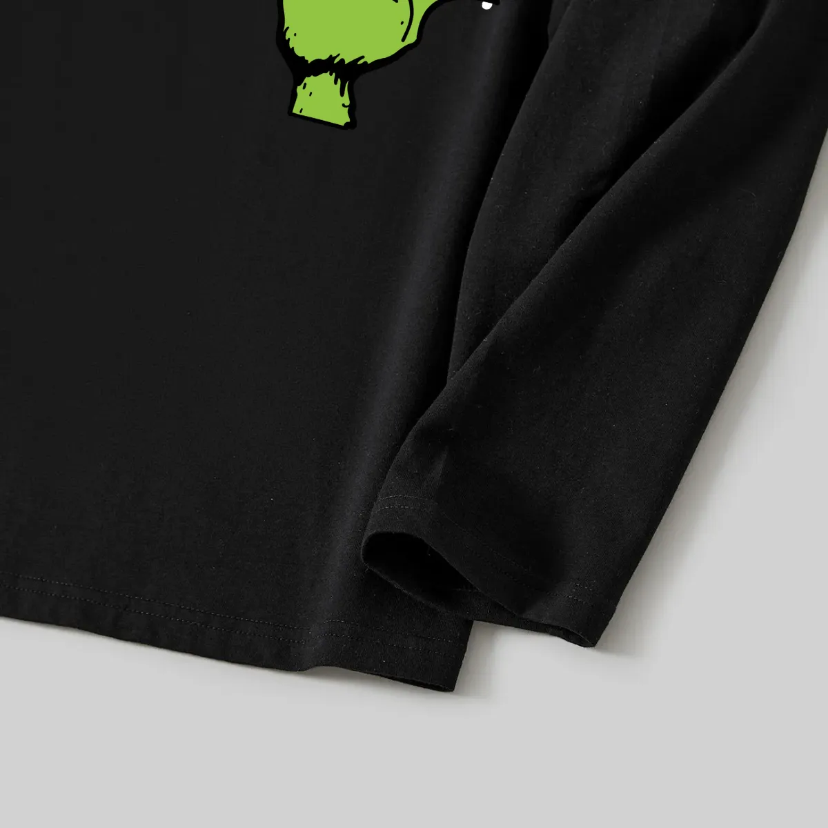 Christmas Cartoon Print Black Long Sleeve Top with Green and Black Plaid Family Matching Pajamas