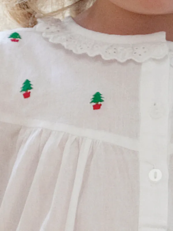 Christmas (Girls) White Cotton Dress, Embroidered