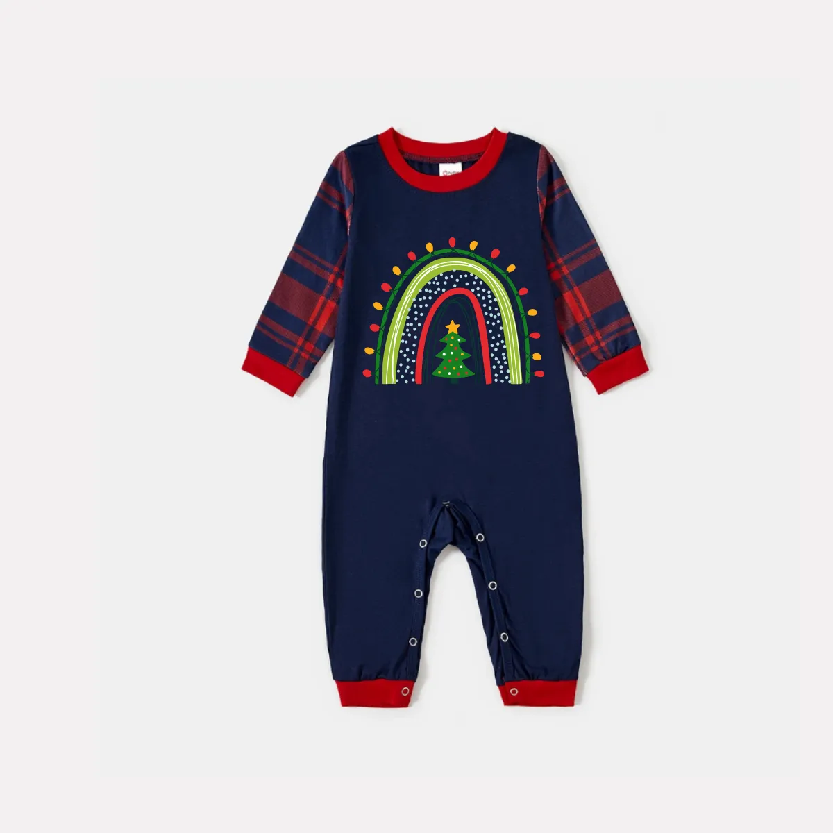 Christmas Light and Tree Prints Blue Long Sleeves Top with Red & Blue Plaid Pants Family Matching Pajamas