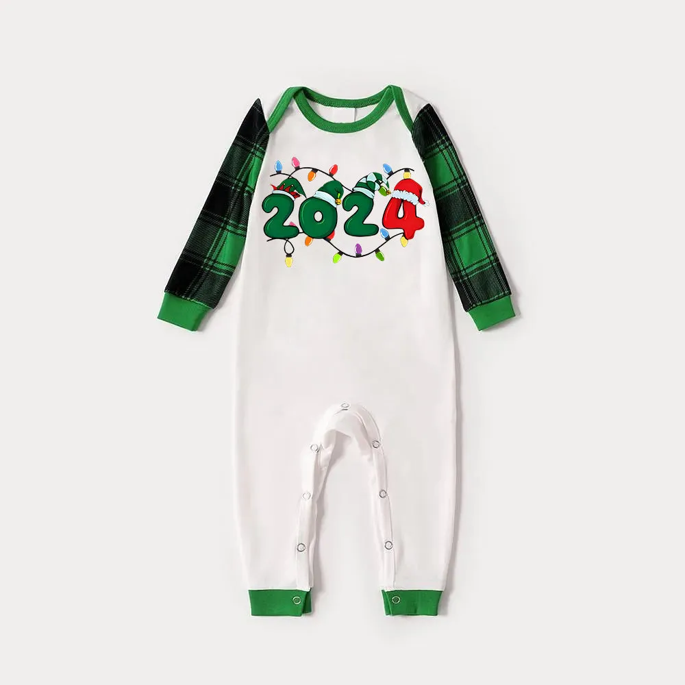 Christmas "2024" Letter Print Green Rotator Cuff Top With Green & Black Plaid Family Matching Pajamas