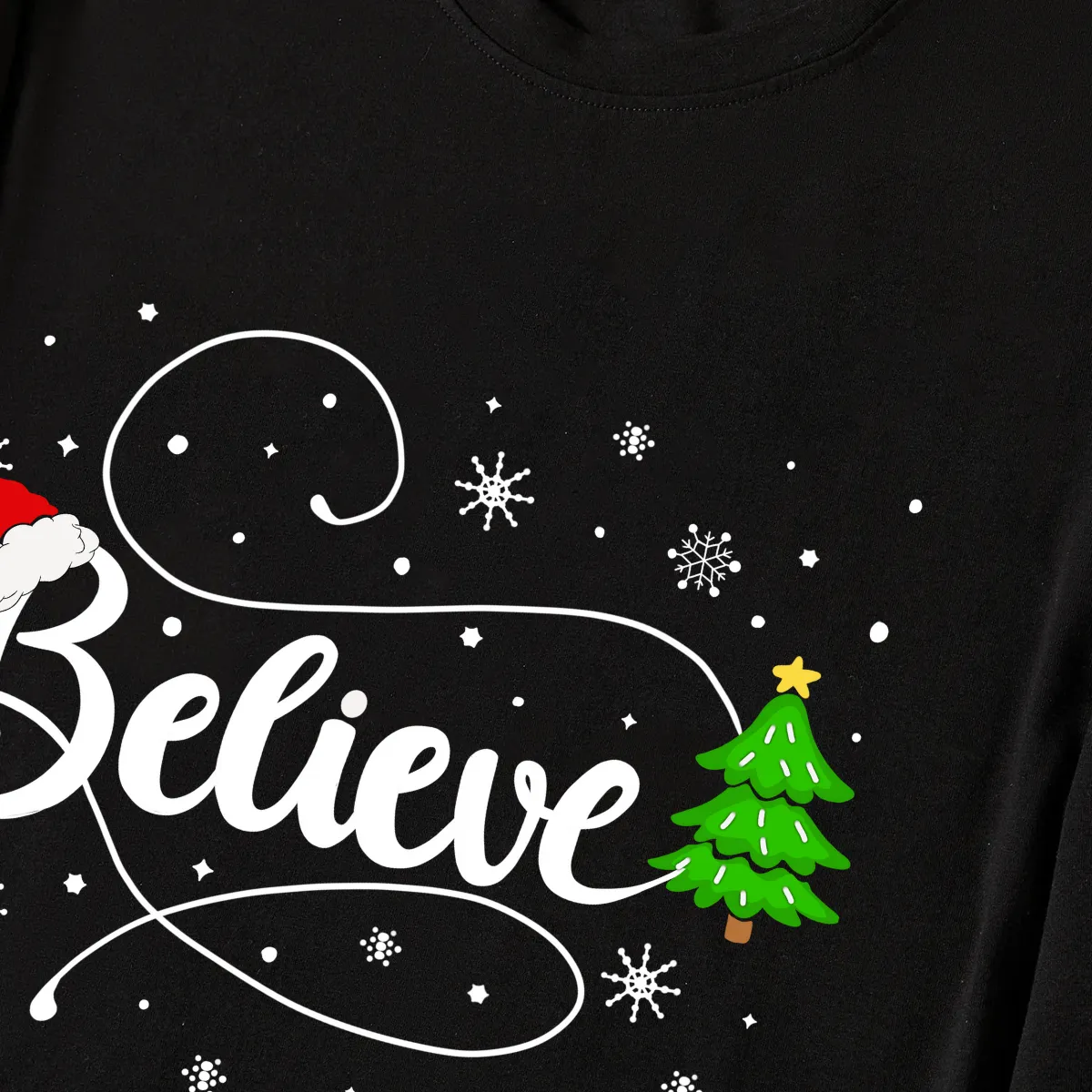 Christmas "Believe" Text and Tree Print Black Long Sleeve Top with Green and Black Plaid Family Matching Pajamas