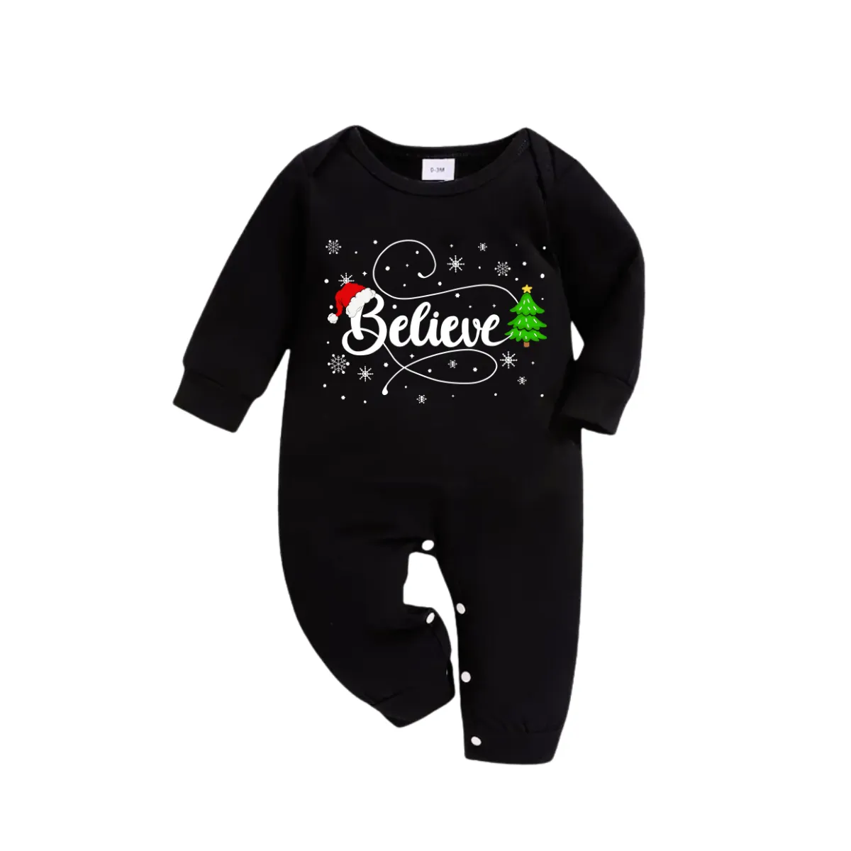 Christmas "Believe" Text and Tree Print Black Long Sleeve Top with Green and Black Plaid Family Matching Pajamas