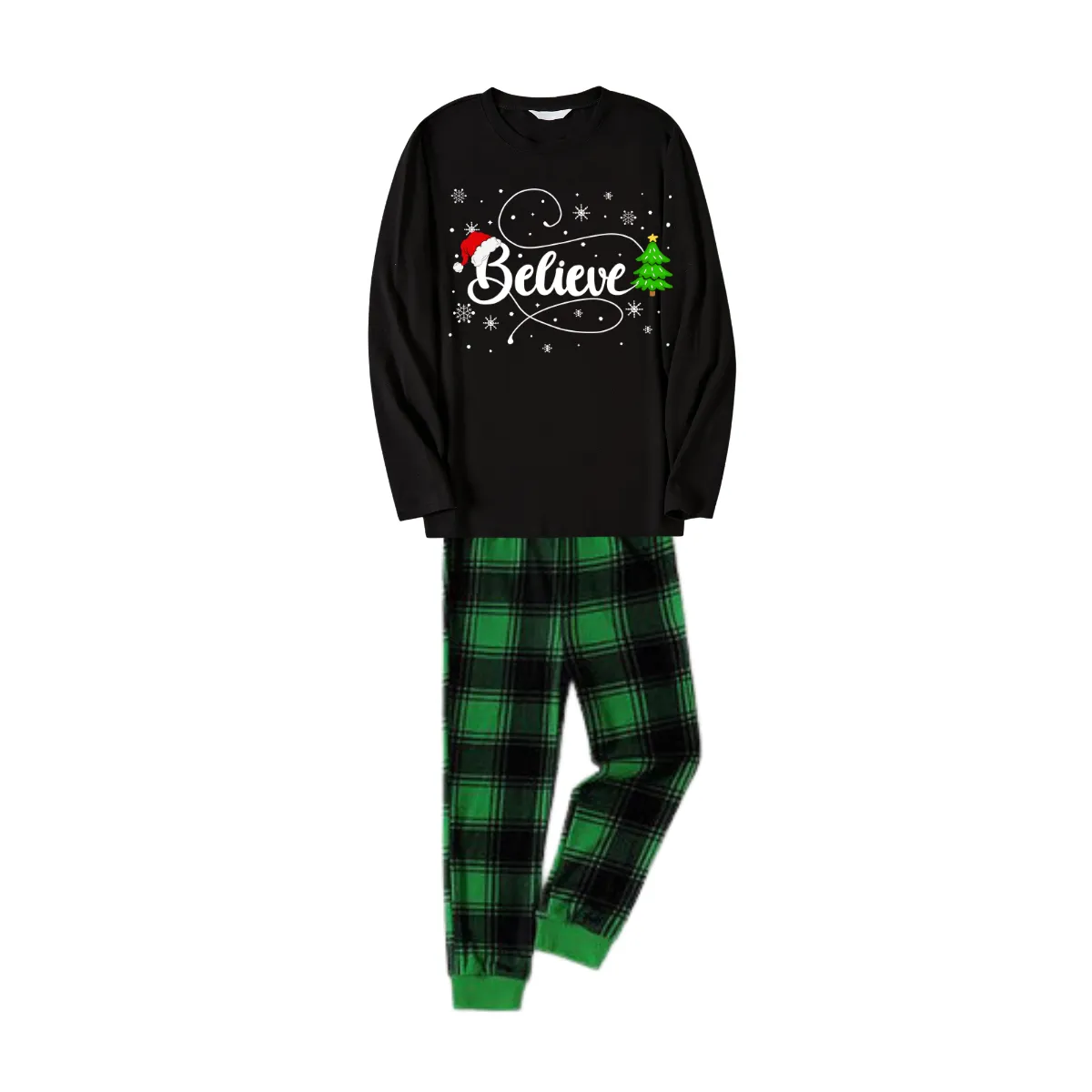 Christmas "Believe" Text and Tree Print Black Long Sleeve Top with Green and Black Plaid Family Matching Pajamas
