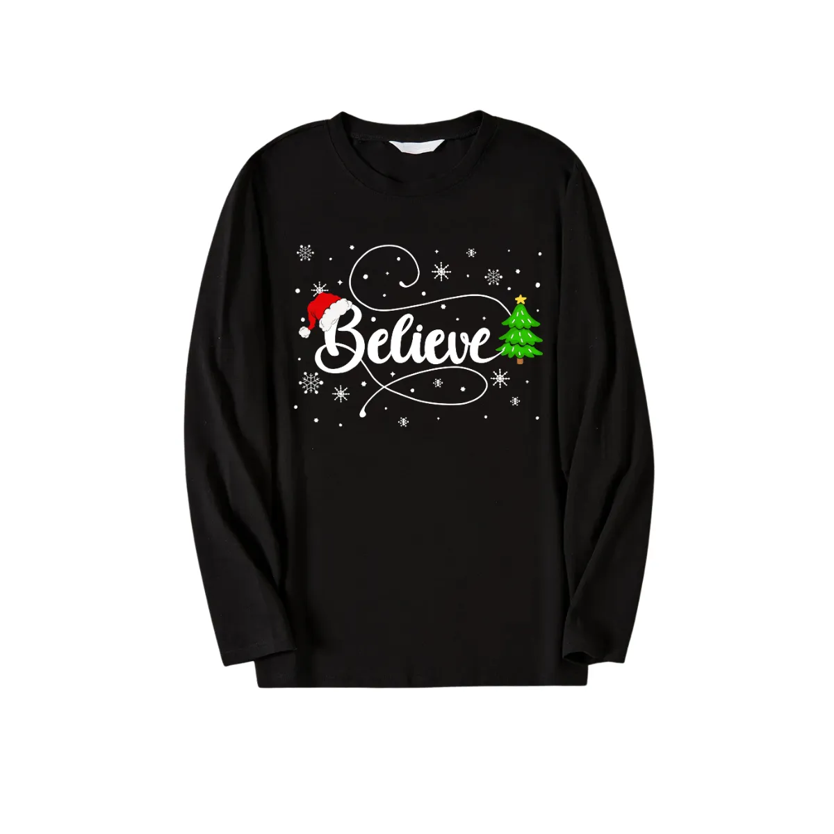 Christmas "Believe" Text and Tree Print Black Long Sleeve Top with Green and Black Plaid Family Matching Pajamas